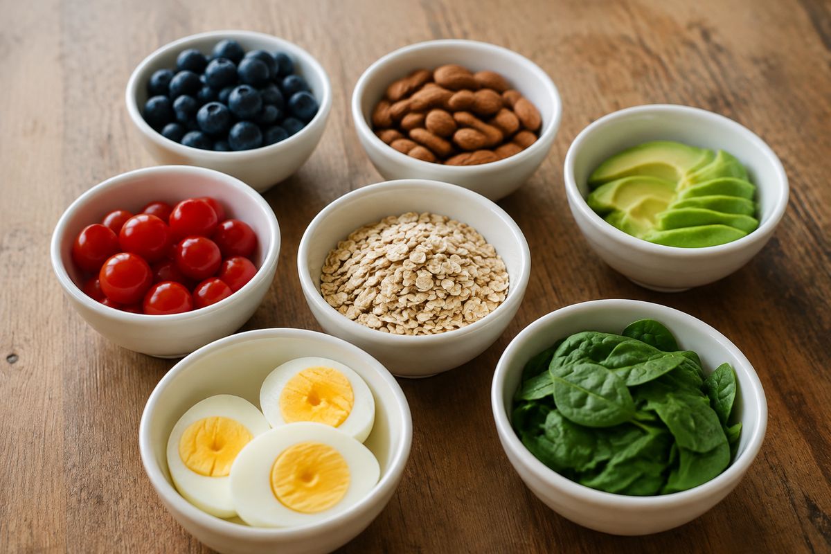 Seven small white bowls on an oak table holding blueberries, almonds, sliced avocado, cherry tomatoes, rolled oats, halved boiled eggs and spinach.