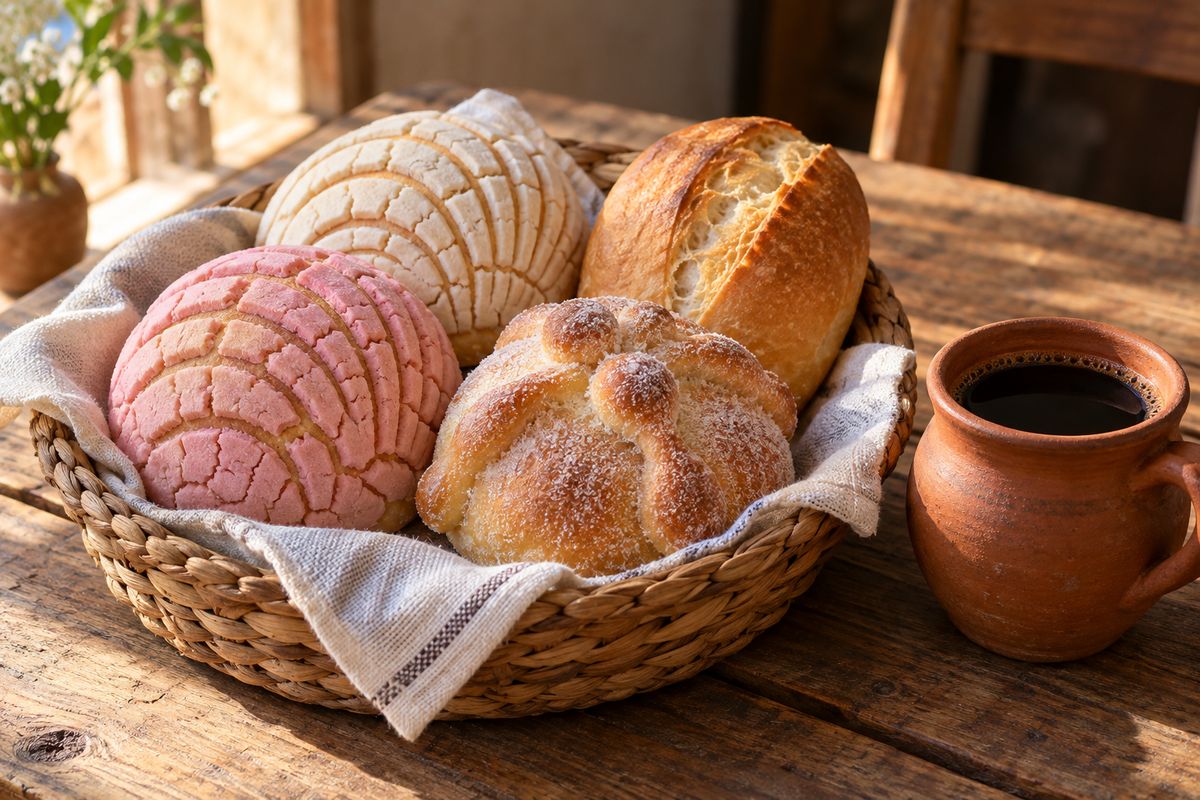 A basket with a pink concha, a white concha, a bolillo and a sugar-dusted pan de muerto beside a clay mug of coffee