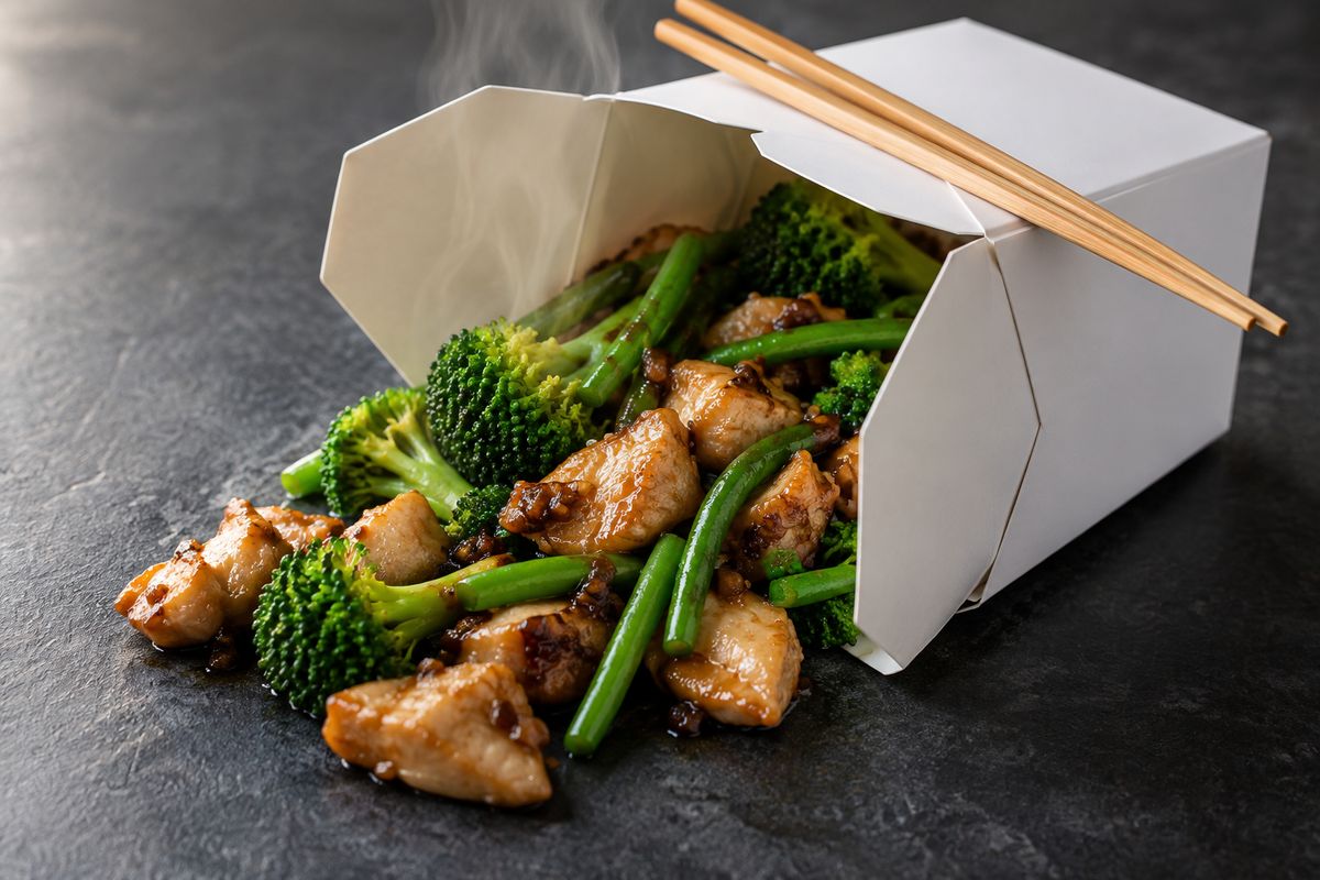 An open white takeout carton on slate with steamed broccoli and green beans spilling out beside stir-fried chicken, wooden chopsticks across the rim.