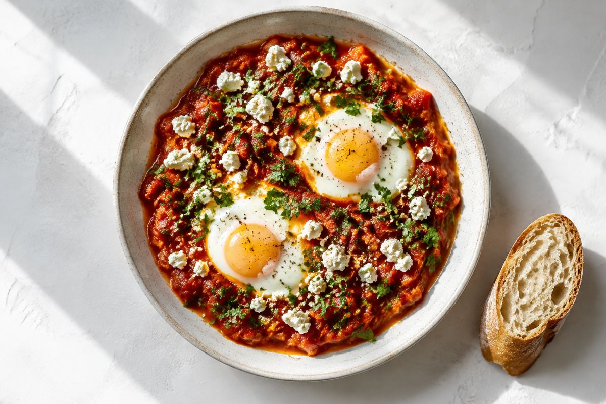 Un plato de shakshuka con dos huevos, queso feta y perejil junto a pan crujiente en una mesa blanca a plena luz