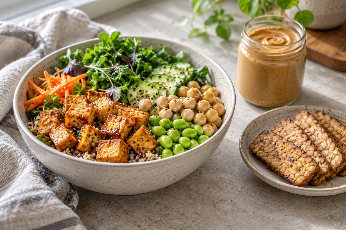 A grain bowl of tofu cubes, edamame, chickpeas, greens and quinoa, with sliced tempeh and a jar of peanut butter beside it