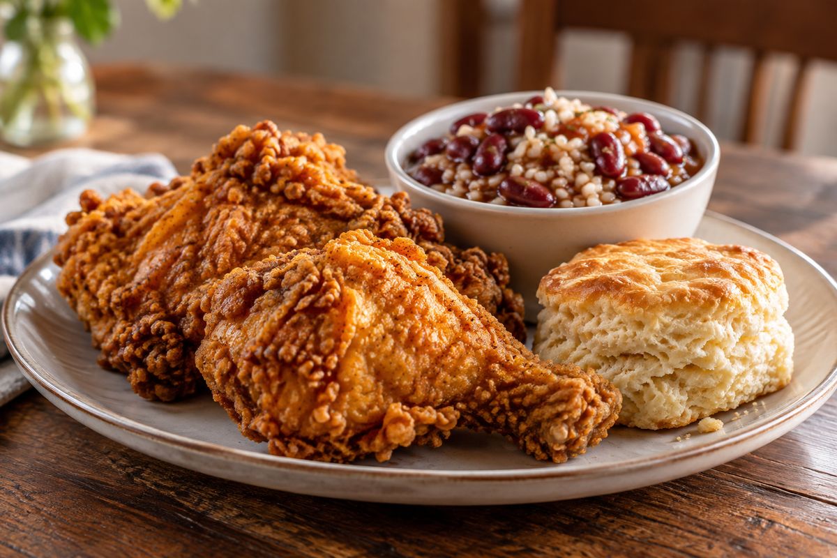 A plate of crispy fried chicken pieces with a buttermilk biscuit and a small cup of red beans and rice on a wooden table.