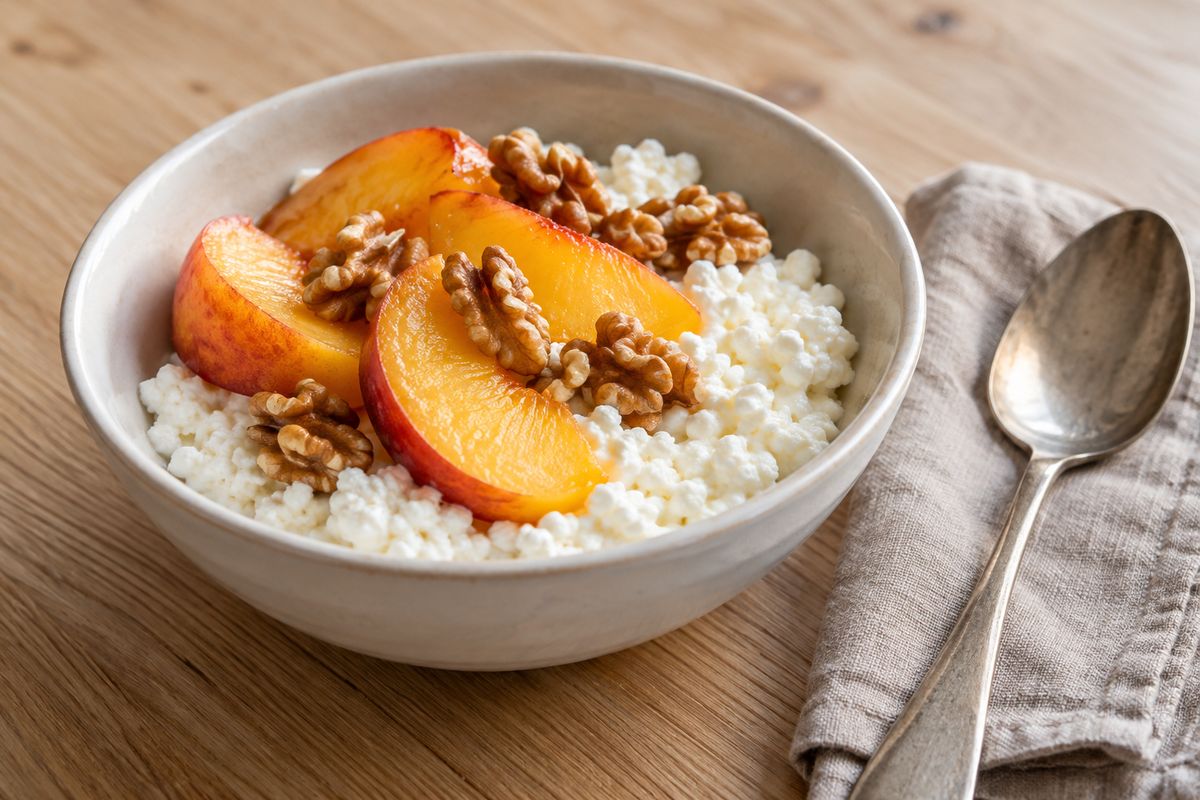 A white bowl of small-curd cottage cheese topped with peach slices and walnut halves, a spoon on a linen napkin beside it