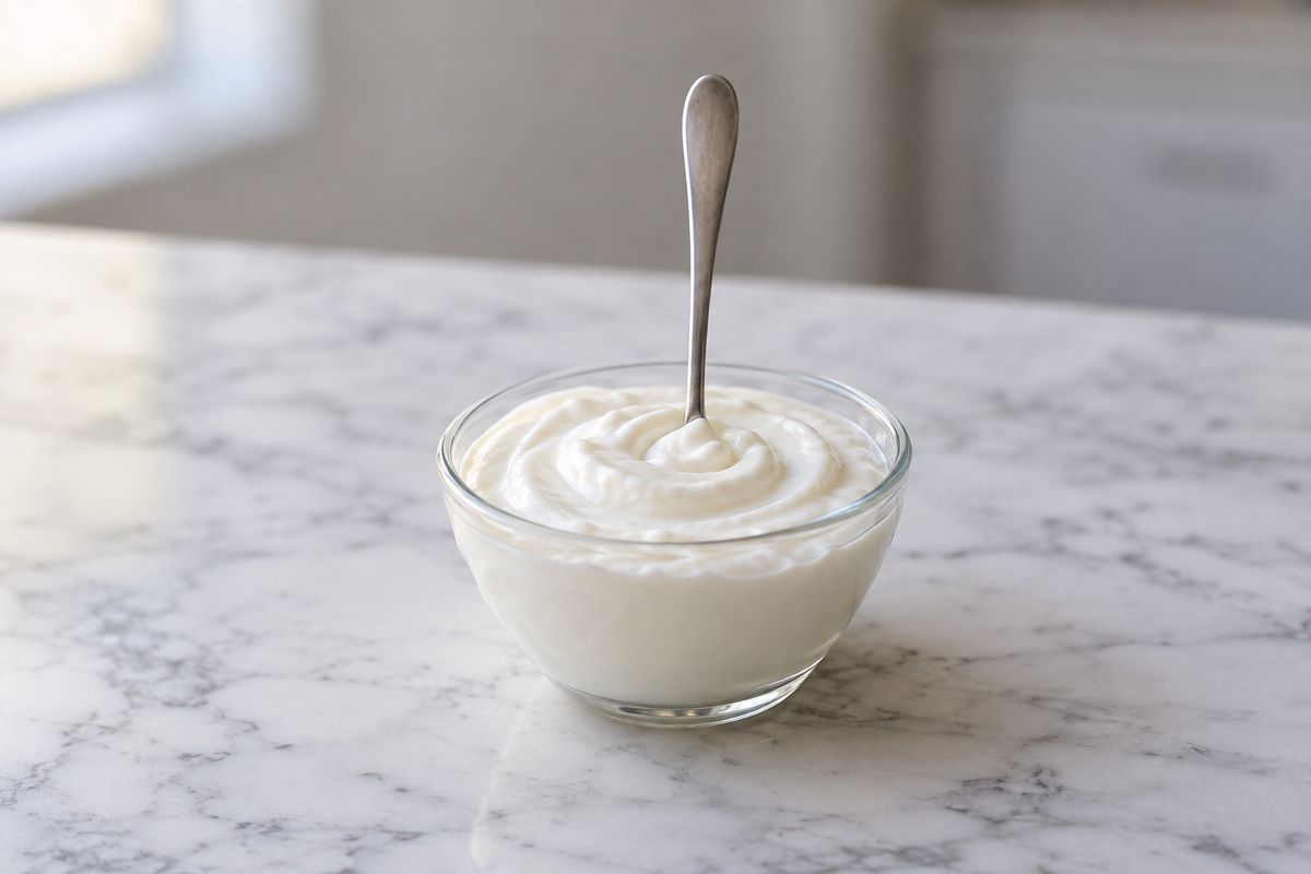 Un bol de cristal con yogur griego natural espeso y una cuchara de pie en el centro, sobre una encimera de mármol blanco.