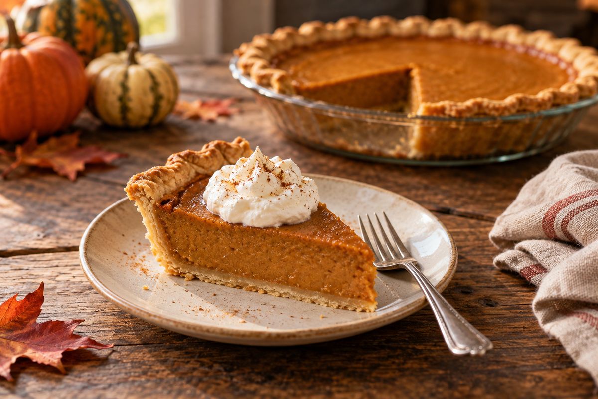 A slice of pumpkin pie with whipped cream on a plate with a fork, the rest of the pie in a glass dish behind it