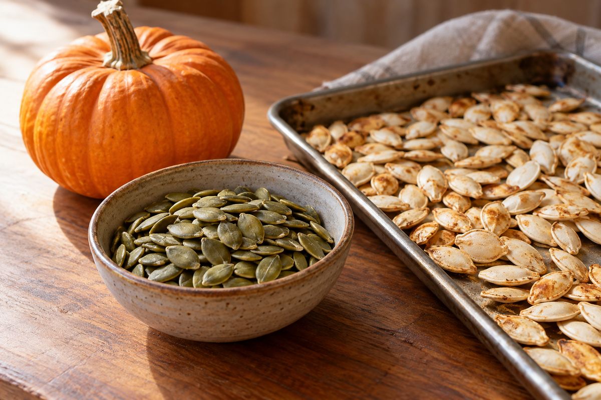 A ceramic bowl of green hulled pumpkin seeds beside a baking tray of roasted whole pumpkin seeds and a small orange pumpkin