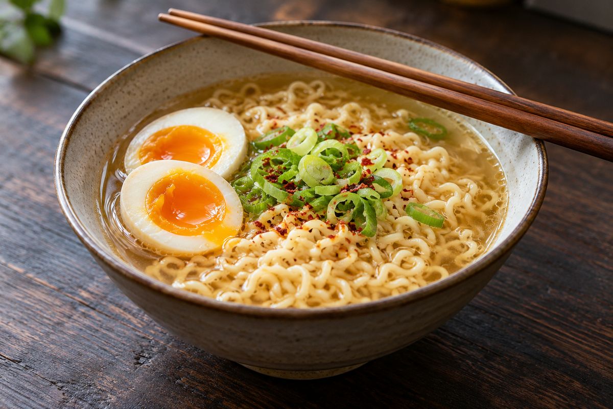 A bowl of instant ramen in broth with a halved soft-boiled egg, sliced green onion, chili flakes and wooden chopsticks