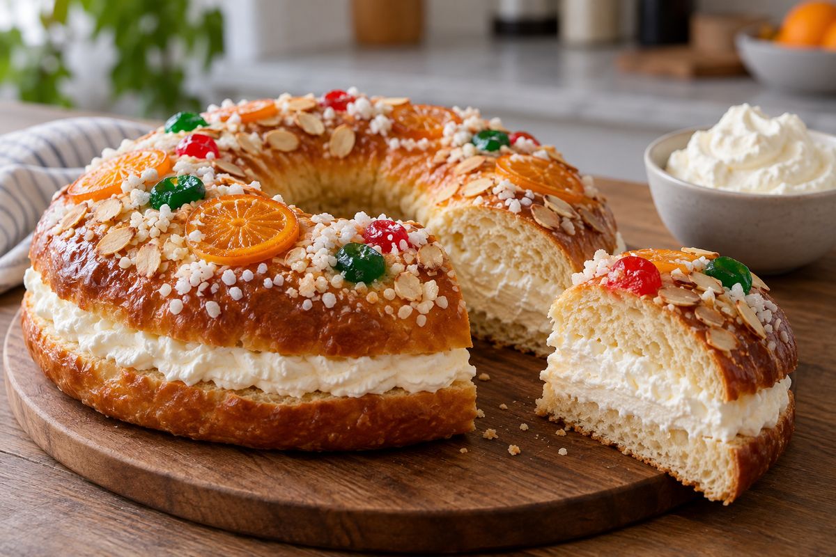 A ring-shaped roscón de Reyes with candied fruit, almonds and a cream filling, one slice cut beside it on a wooden board