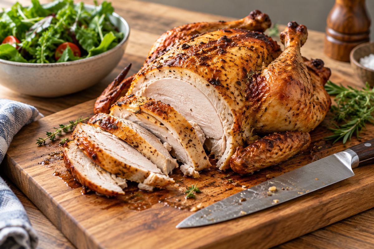 Un pollo rostizado entero y dorado en una tabla de madera, con parte de la pechuga rebanada, un cuchillo y ensalada