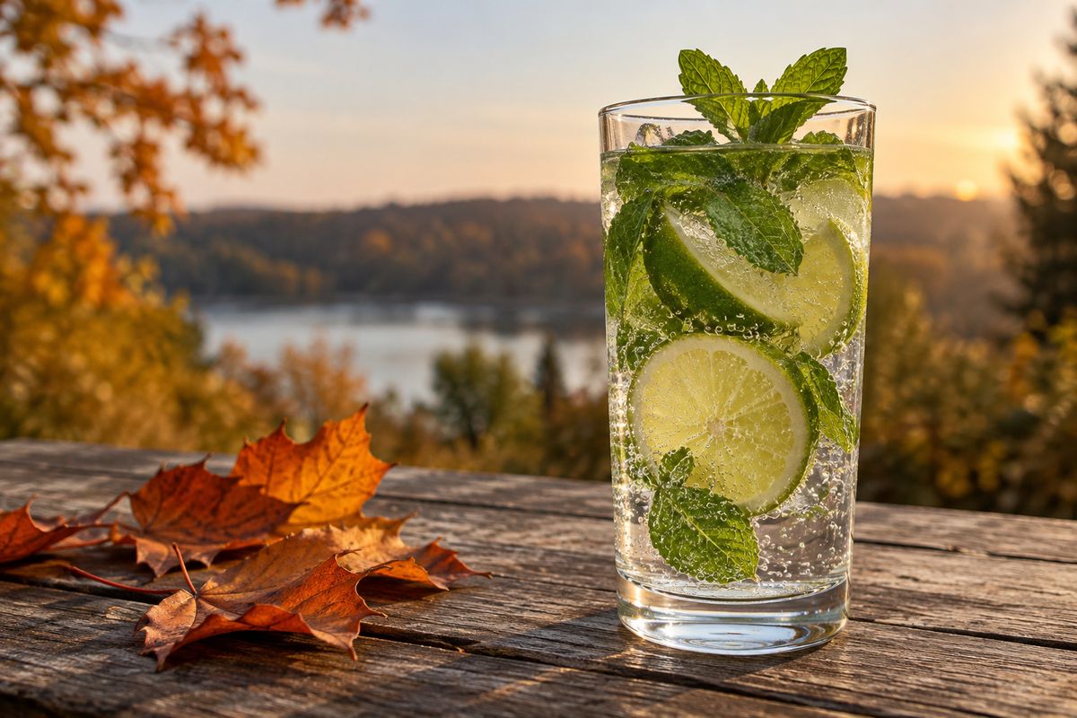 A tall glass of sparkling water with lime slices and mint on a wooden table, with autumn leaves beside it at sunset