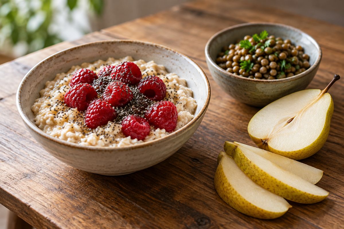 A bowl of oatmeal topped with raspberries and chia seeds, a bowl of cooked lentils and a sliced pear on a wooden table