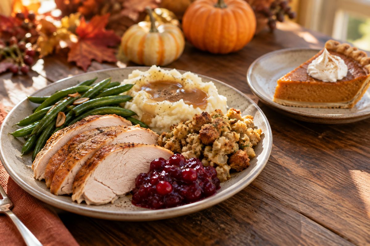 Sliced roast turkey, stuffing, mashed potatoes with gravy, green beans and cranberry sauce, with pumpkin pie beside the plate