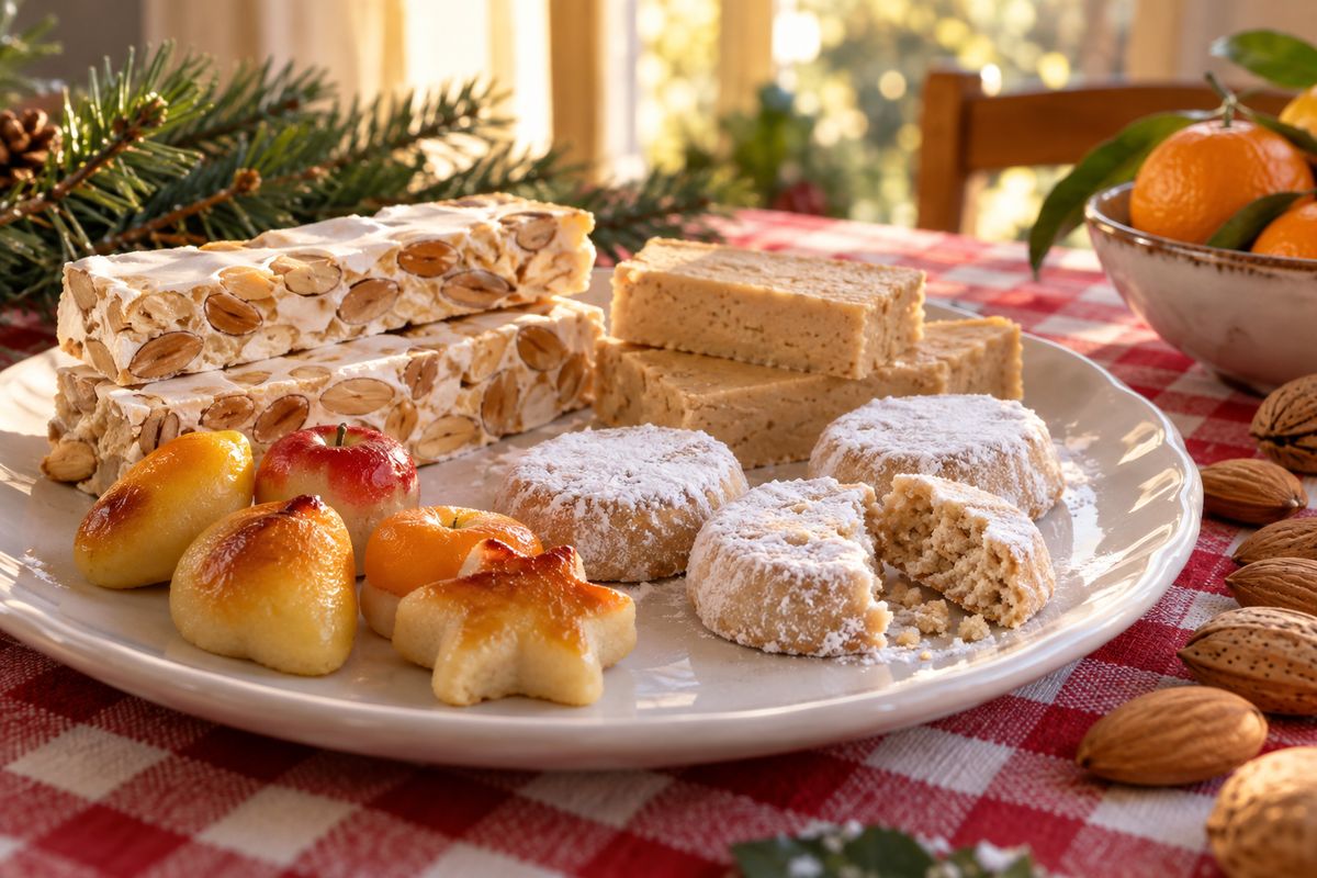 A plate of hard almond turrón bars, soft turrón slices, powdered polvorones and marzipan fruits on a checked tablecloth