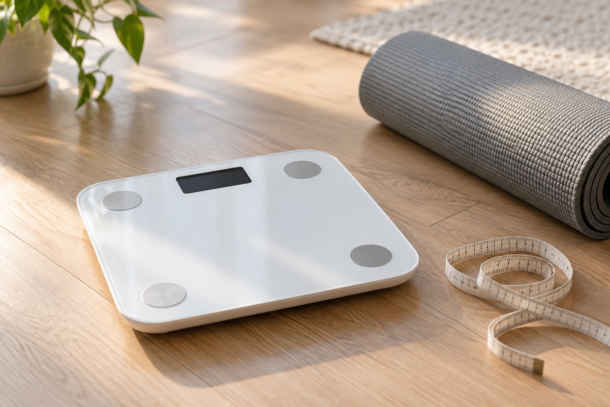 A white bathroom scale with a dark display beside a rolled grey yoga mat and a coiled tape measure on a light wooden floor