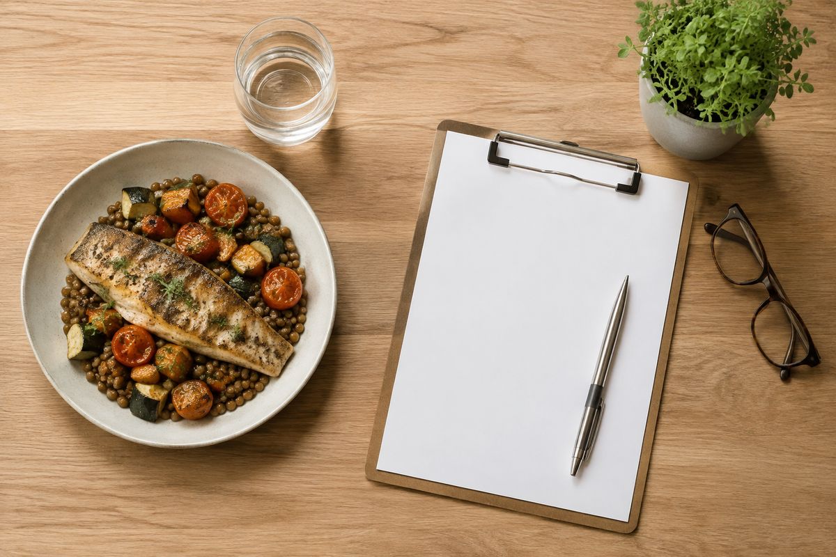 Grilled fish, roasted vegetables and lentils on a plate with a clipboard of blank sheets, a pen and reading glasses