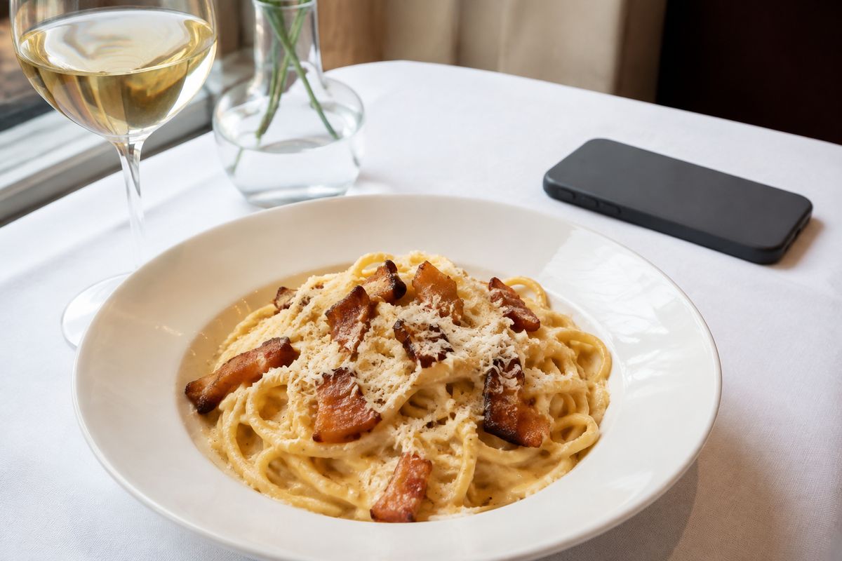 Un plato de carbonara cremosa con panceta, una copa de vino blanco y un teléfono boca abajo sobre un mantel blanco