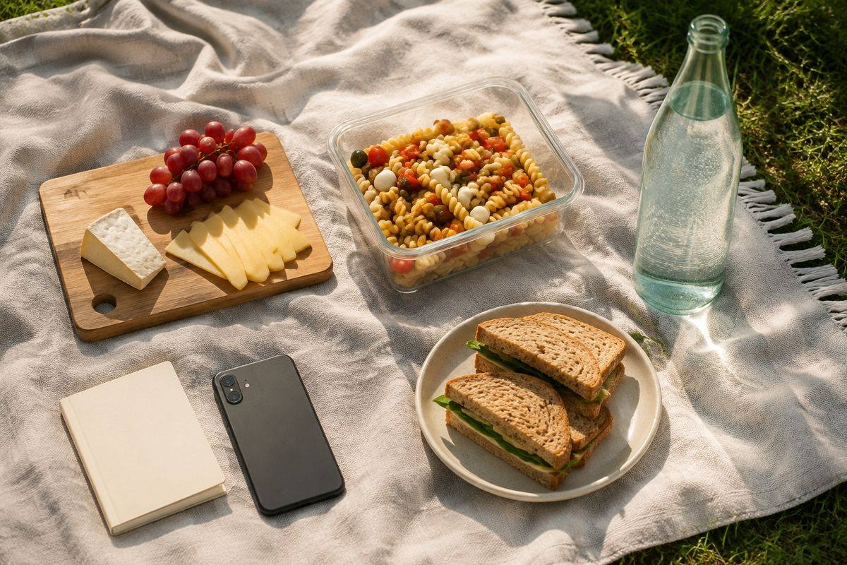A picnic blanket with a board of cheese and grapes, pasta salad, rye sandwiches, sparkling water and a phone face down