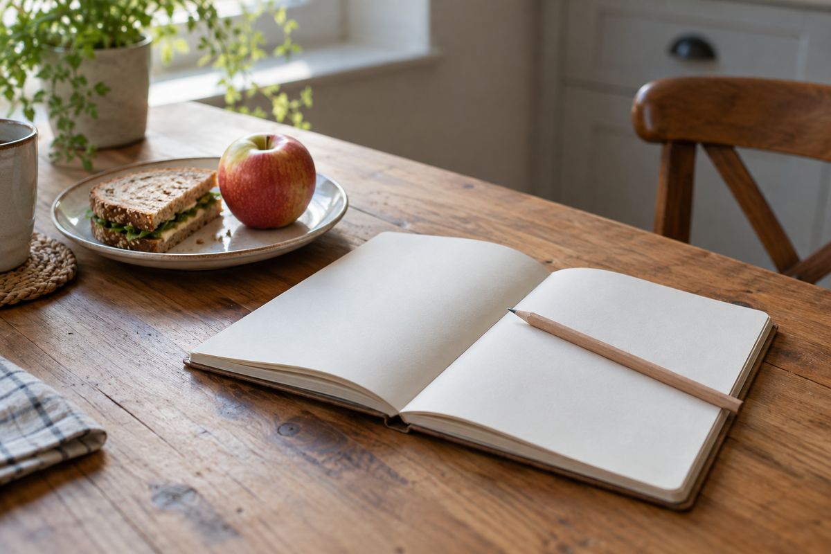 An open paper food diary with blank pages on a wooden kitchen table, a pencil across it, beside a plate with half a sandwich and an apple.