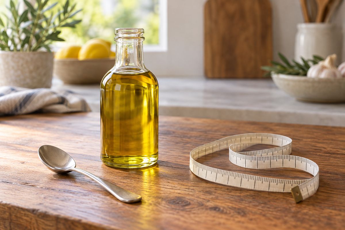 A small glass bottle of olive oil with a spoon beside it and a coiled cloth measuring tape on a wooden kitchen counter.
